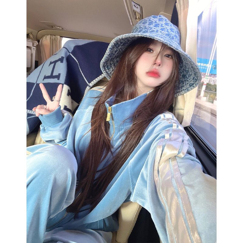 고급 연청 골드 벨벳 긴팔 재킷, 스트라이프 와이드 레 - Winter Clothing Items 리뷰 및 가격