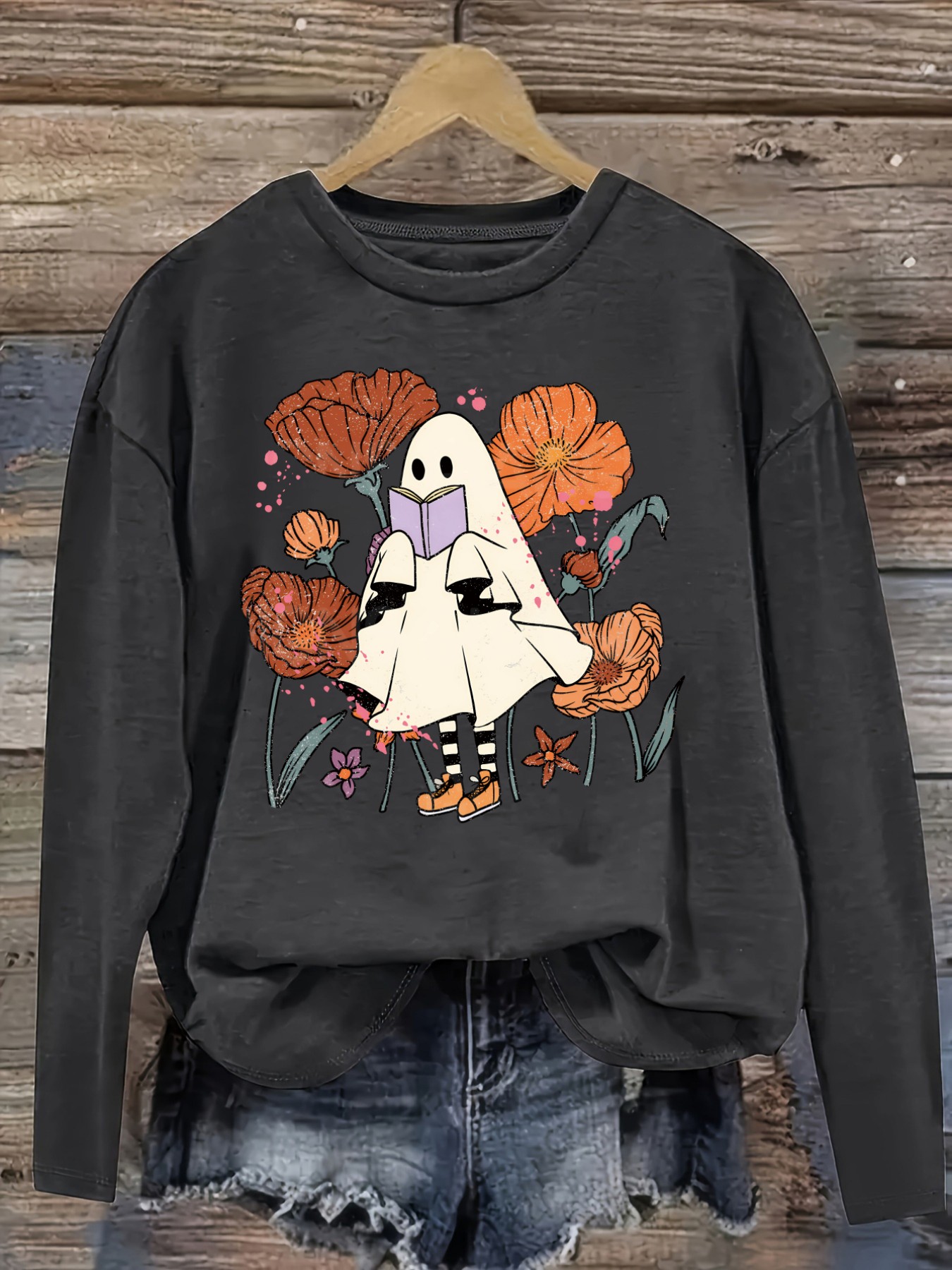 여성 캐주얼 긴소매 크루넥 티셔츠, 꽃 사이에서 책을  - Winter Clothing Usa 리뷰 및 가격